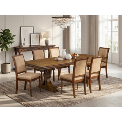 L'ensemble de table de salle à manger 7 pièces comprend une table de cuisine et 6 chaises de salle à manger en tissu de polyester beige avec dossier haut - finition noyer antique