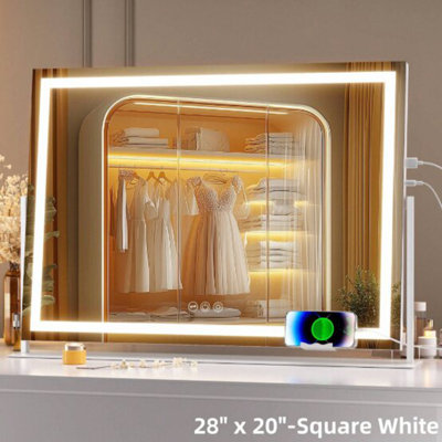 Vanity Mirror with Lights, 28" x 20" LED Makeup Mirror, Light up Mirror with 10X Magnification and Phone Holder, USB Charging Port, Smart Touch 3 Colors Dimmable, 360° Rotation (White)