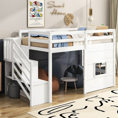 White Twin Size Bed With Storage And Charming Window - Attractive Build Loft Playful Decoration Element Staircase Strong Wood Frame, No Box Spring For Decorative Functional Purposes