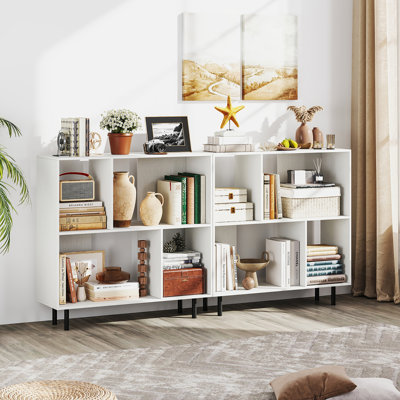  2PCS 4 Cubby Open Bookcase 3-Tier Freestanding Bookshelf w/ Detachable Metal Legs White