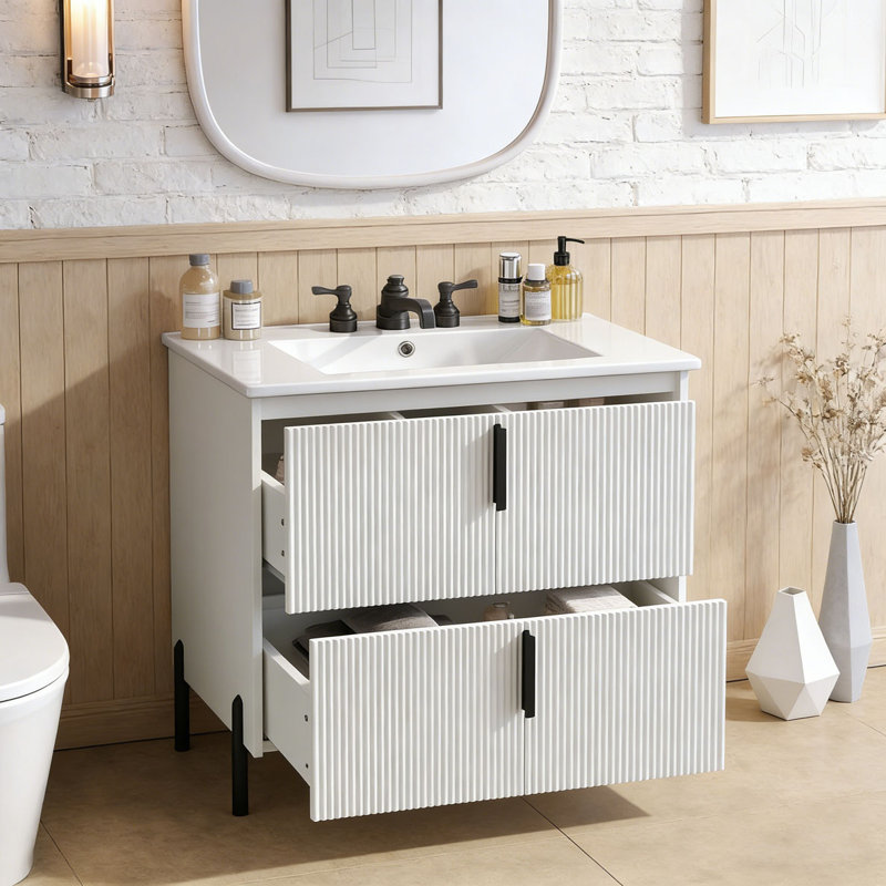 30" Bathroom Vanity with Ceramic Sink, White