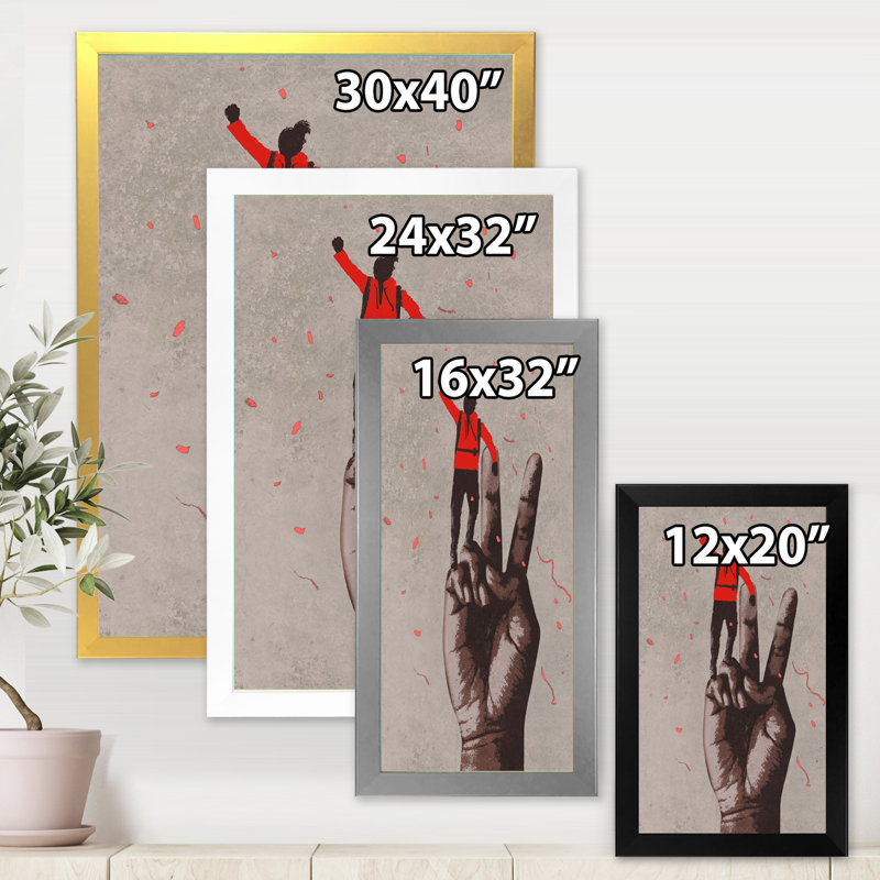 Signe de la victoire avec un homme avec un bras levé - peinture sur toile, H 20 po x l 12 po x P 1po, Encadrement argenté