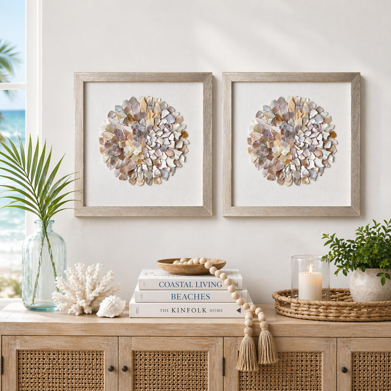 Coryell Neutral Seashell Mosaic Wall Art Set with Champagne Silver Frame - Handcrafted 2 Piece Ivory and Beige Coastal Wall Decor