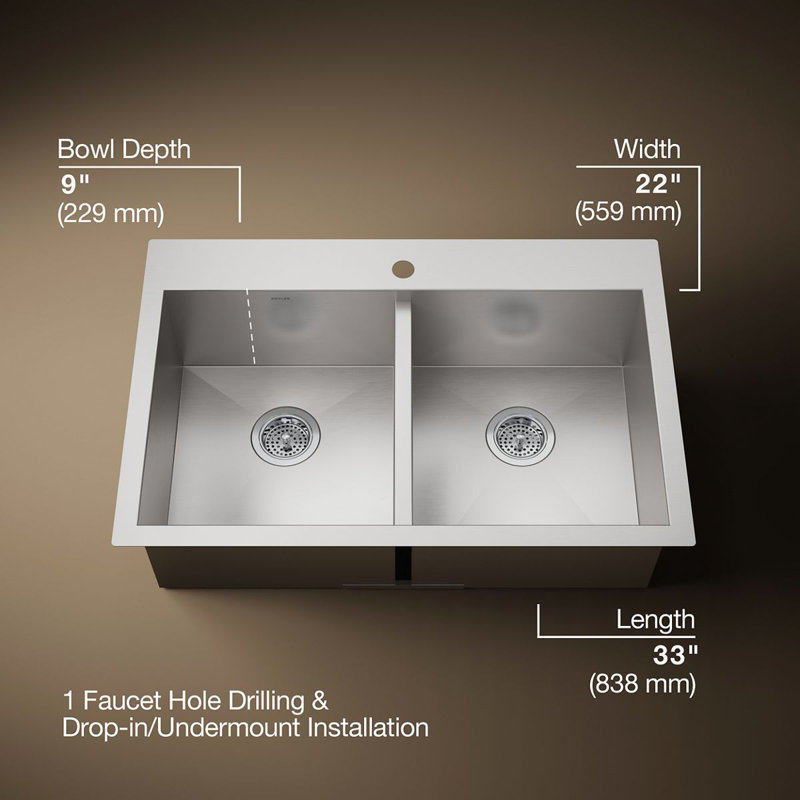 Évier de cuisine à double cuve avec trou de robinet simple Vault ™, 1 trou