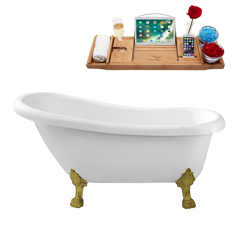 1549.4mm x 701mm Freestanding Soaking Acrylic Bathtub, Glossy White, Brushed Gold