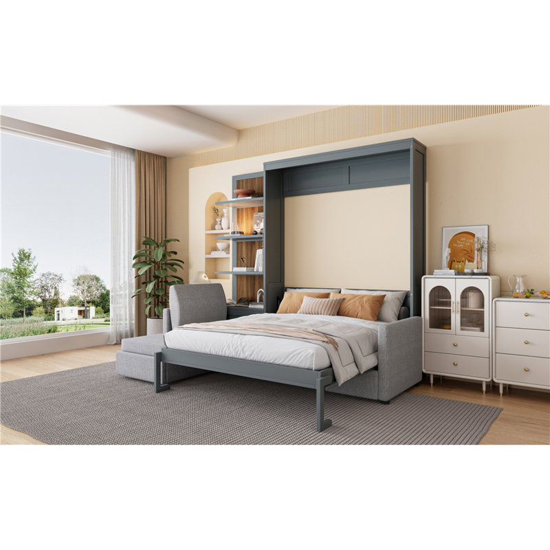 Grand lit escamotable multifonctionnel, fabrication en MDF, design gris moderne pour les petits espaces