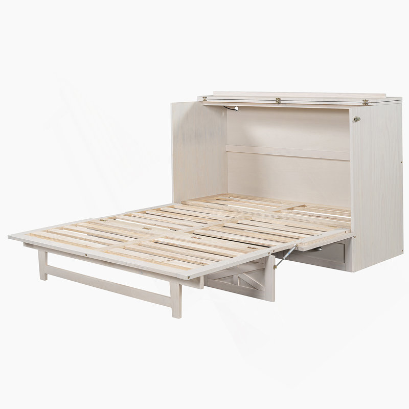 Murphy Bed with Large Drawers, Brushed White, Queen