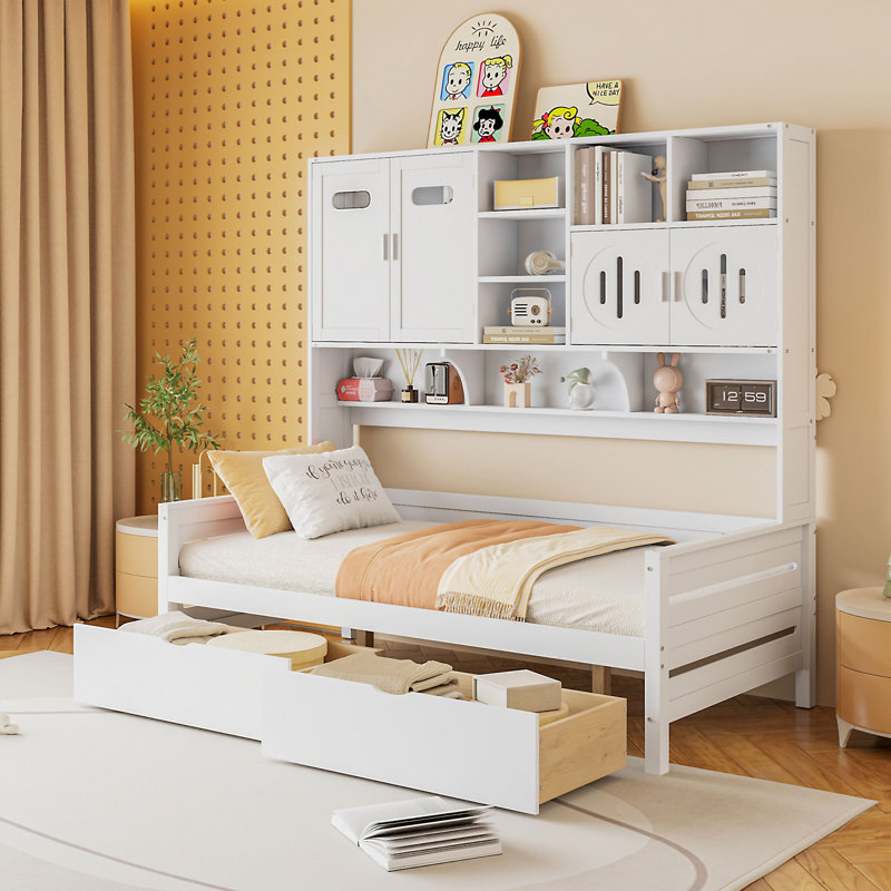 Lit de jour en bois avec 2 tiroirs, Lit simple, Blanc