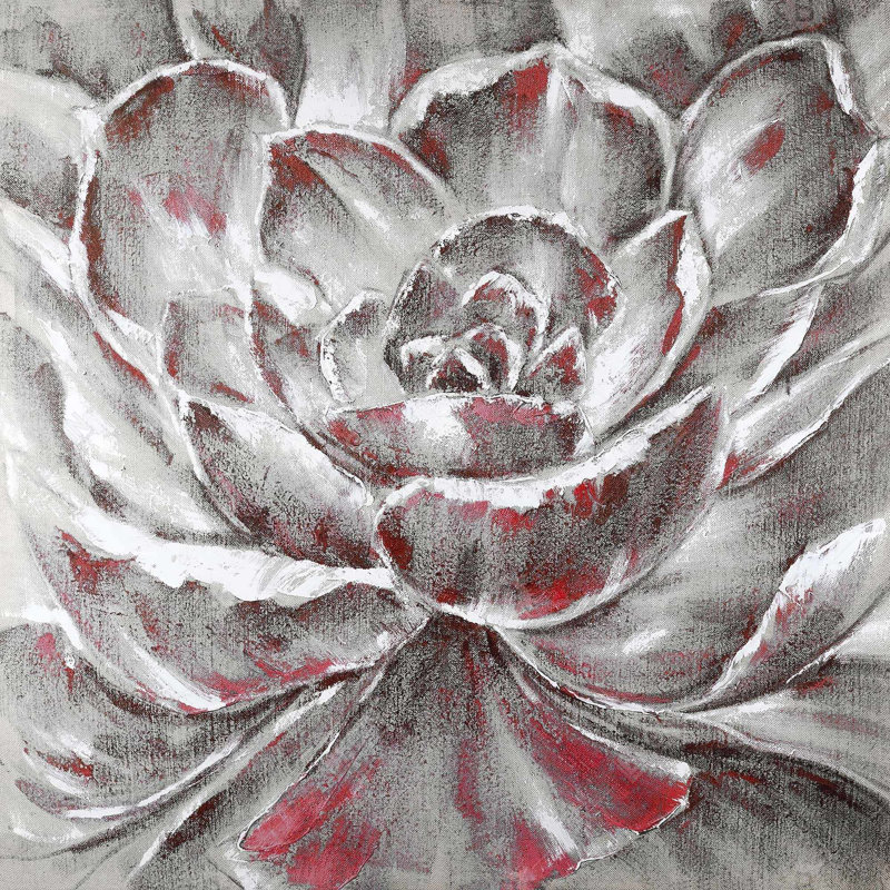 Fleur grise et rose | Art mural contemporain sur toile grise, H 24 po x l 24 po