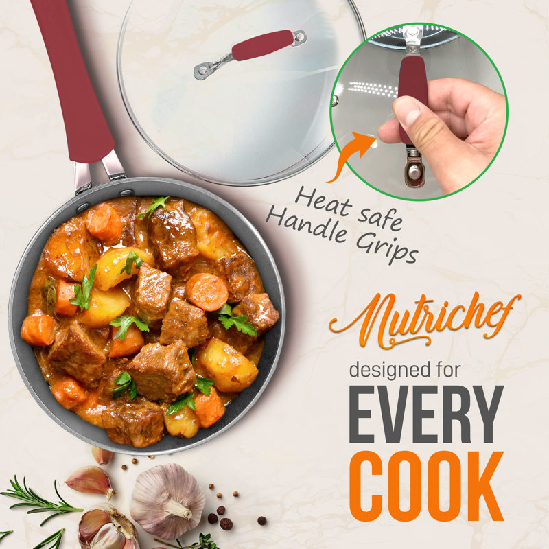 NutriChef 11-Piece Red and Gray Non-Stick Aluminum Cookware Set