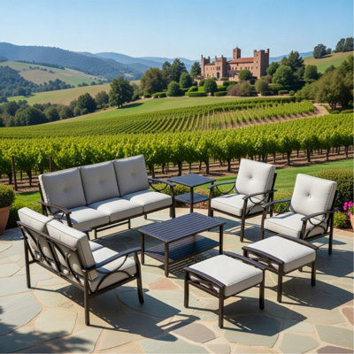 8-Piece Metal Patio Furniture Set, 9-Seat All-Weather Conversation Sofa With 4 Inches Thick Gray Cushions, Black Frame, Coffee Table, Side Table, End Table & Ottomans For Porch Backyard Garden