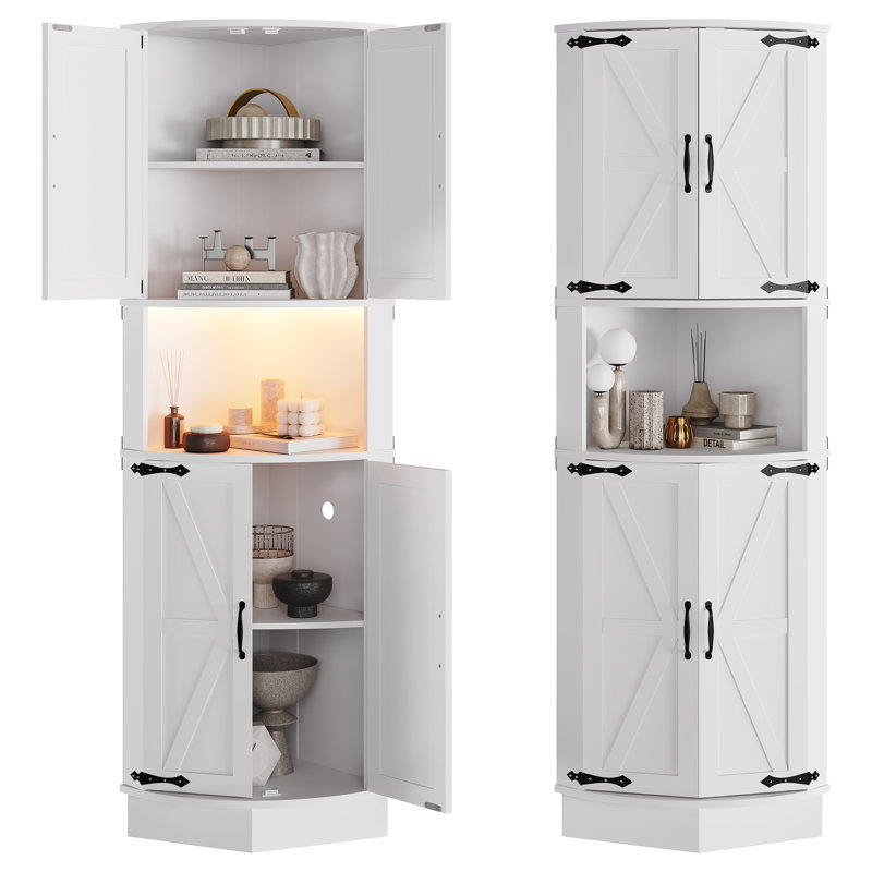 Grande armoire de coin 65 po avec portes de grange, étagère de rangement à 5 niveaux et bahut de rangement 65 po, Blanc
