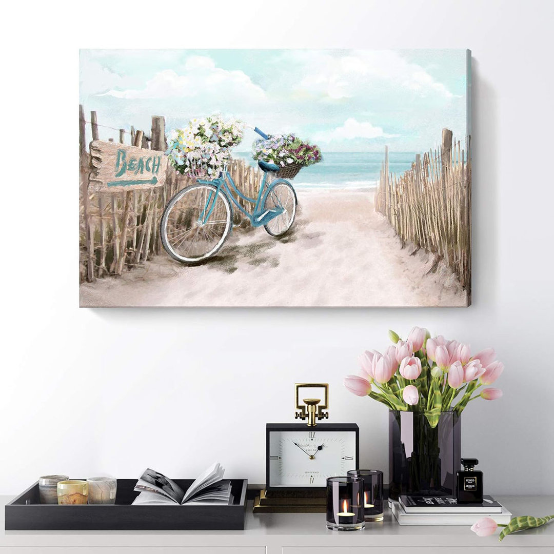 Beach Canvas Wall Art For Bathroom Ocean Pictures Seaside Bicycle Canvas Print Seascape Painting Framed Teal Aqua Blue Calming Shoreside Artwork For M