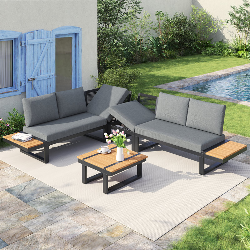 6-Seat Modular Outdoor Corner Sofa With Adjustable Reclining & Galvanized Frame, Grey Cushion/Black Frame