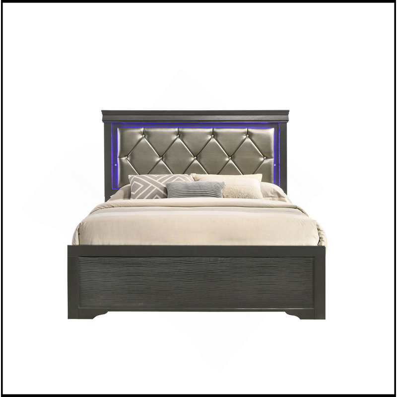 Lit moderne à DEL en bois gris, Lit double