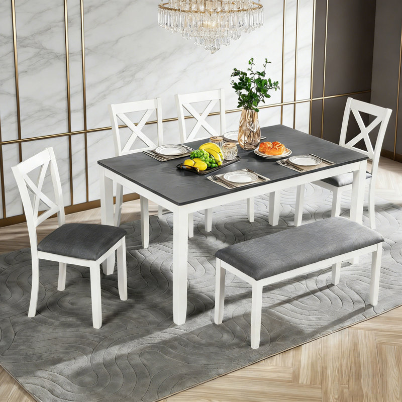 Ensemble 6 pièces avec 4 chaises à dossier croisé et 1 banc Lillibridge, Gris