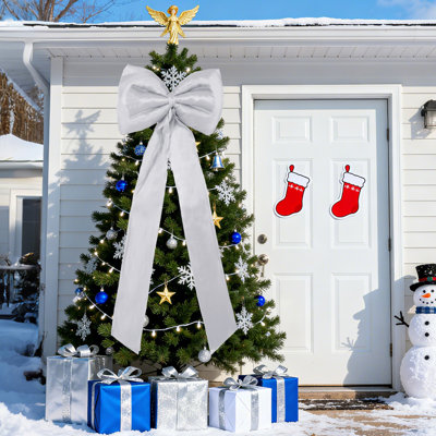 Noix d'arbre de Noël en satin et 24 nœuds de ruban, ensemble d'arc de bord câblé 25 pièces avec longue queue pour arbre de Noël, guirlande, couronne, décoration de vacances intérieure et extérieure, argent