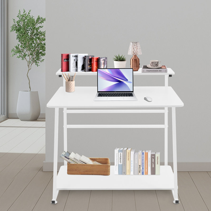 31.5" 3-Tier Rolling Computer Desk Modern Simple Computer Desk Flexible Home Office Desk Anti-Slip Free Standing, White
