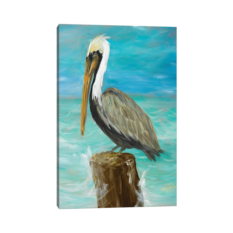 Single Pelican On Post by Julie Derice - Print on Canvas, 20.32 cm H x 30.48 cm W, No Frame
