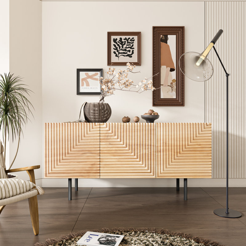 57" Black and Natural Wood Mid Century Modern TV Stand with Cabinet
