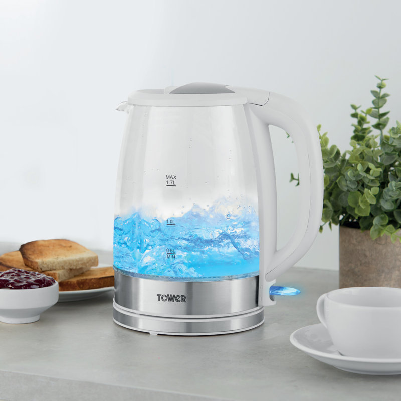 Tower PT10090 Illuminating Glass Kettle with Removable Filter, Boil Dry Protection, 1.7L, 2200W, White