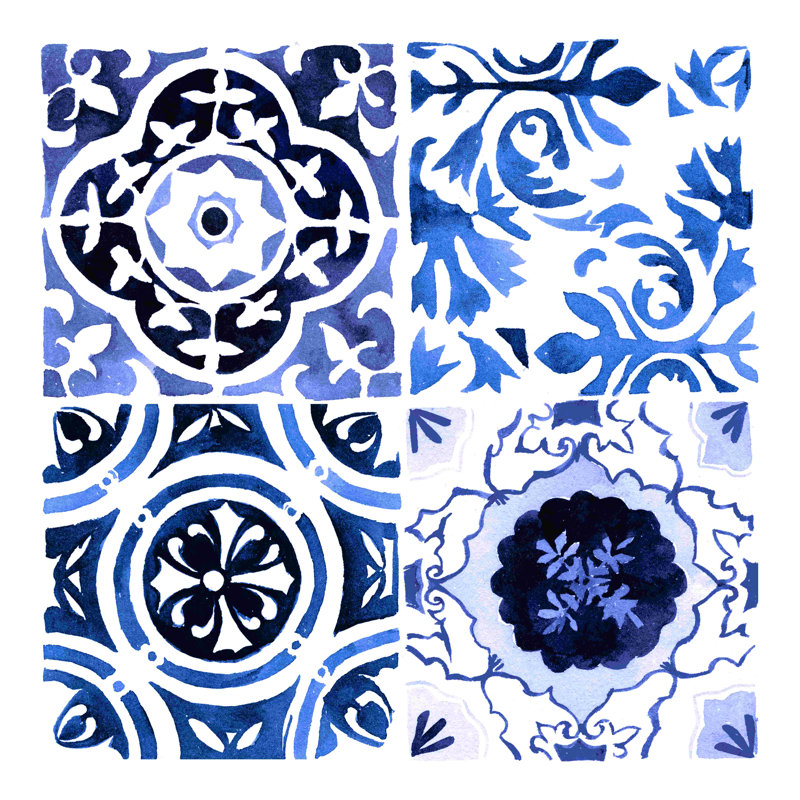 Quatre carreaux indigo - reproduction sur toile tendue, H 12 po x l 12 po