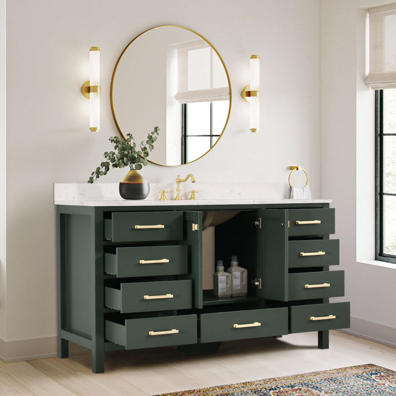 Zenith 60'' Single Bathroom Vanity With Engineered Stone Top, Brushed Gold, Green