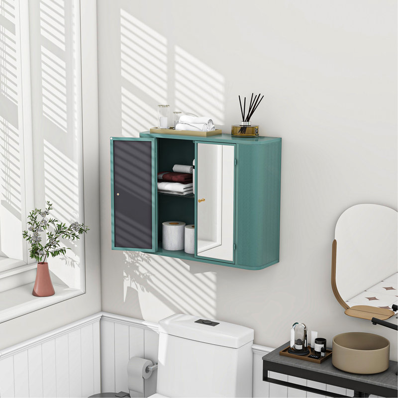 Armoire de salle de bain murale avec miroir, 2 portes en miroir et tablette ouverte, armoire de rangement en métal de style campagnard avec compartiment ouvert pour meuble-lavabo