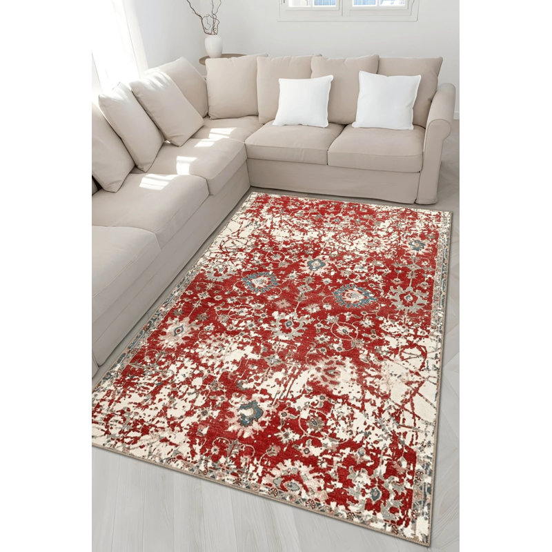 Red Themed Traditional Motif Floral Patterned Vintage Decorative Carpet, Round 4'