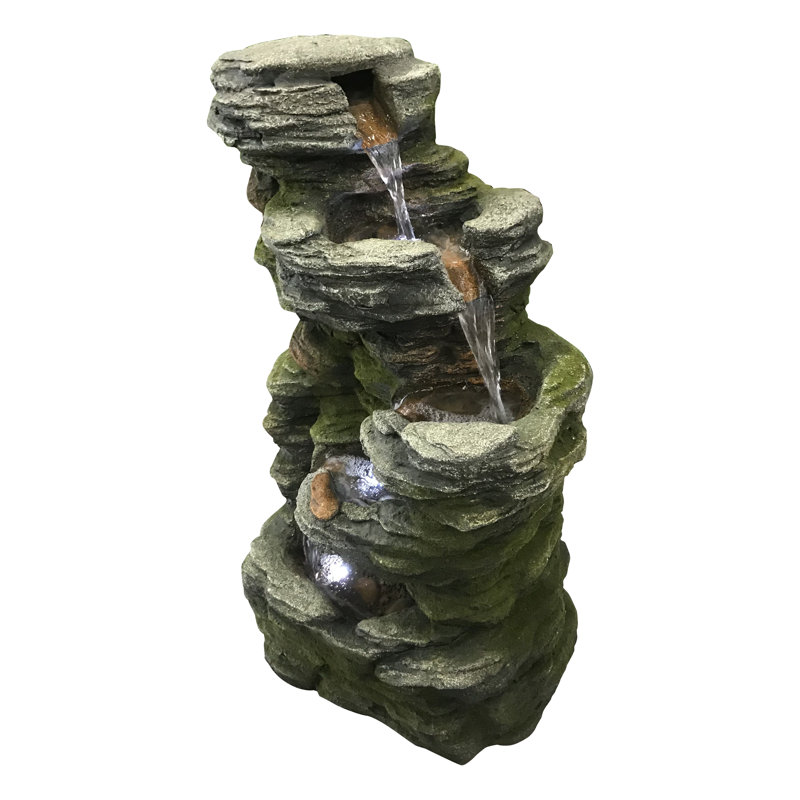 Multilevel Stone Outdoor Fountain with Cool White LED Lights