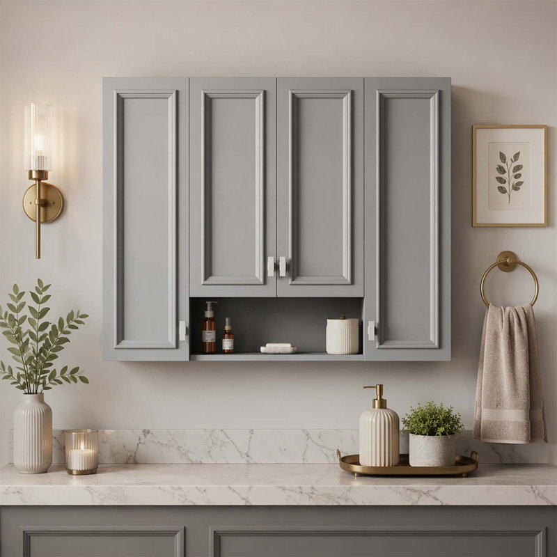 Armoire de salle de bain moderne avec 5 tablettes réglables, armoire à pharmacie murale, charnières à fermeture douce, étagère ouverte