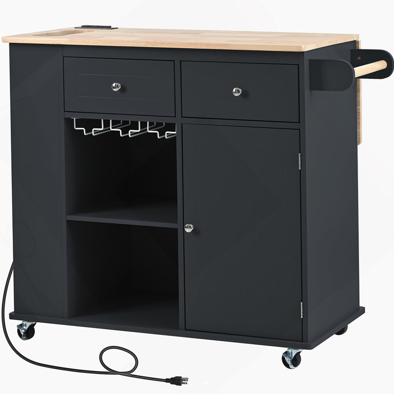 Kitchen Island With Power Outlet,Kitchen Storage Island With Drop Leaf And Rubber Wood, Black