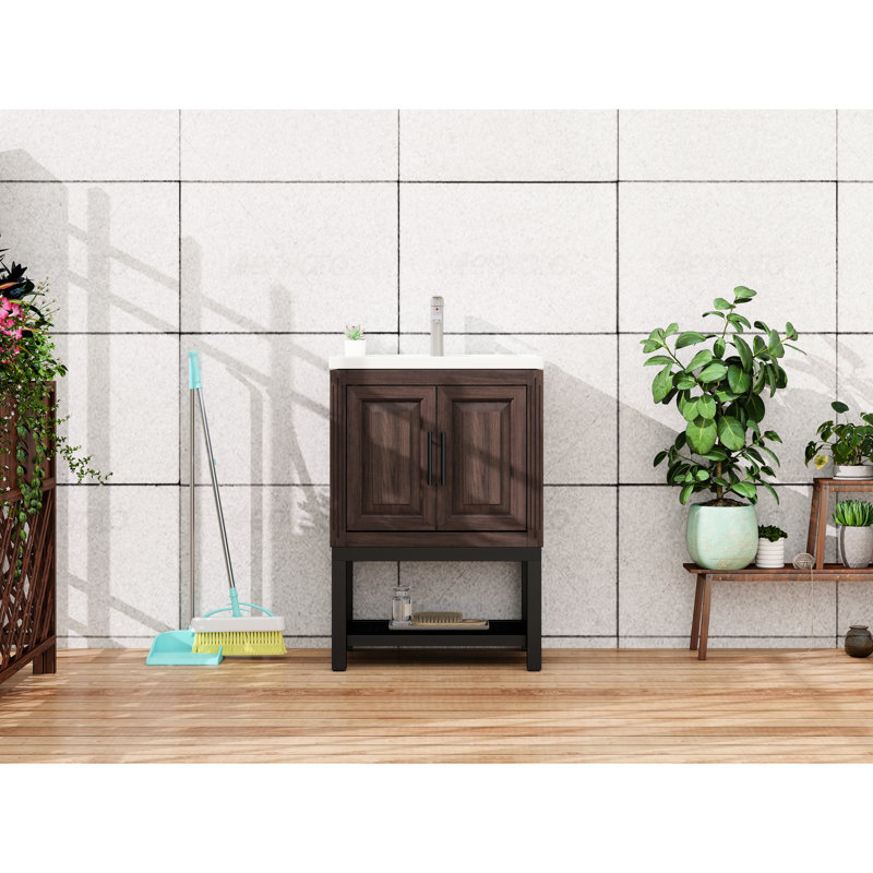 Meuble-lavabo autoportant de 36 po Honoria, 2 portes de rangement, tablettes évidées, pouces de meuble-lavabo texturé, couleur noyer, comptoir en céramique, pieds réglables