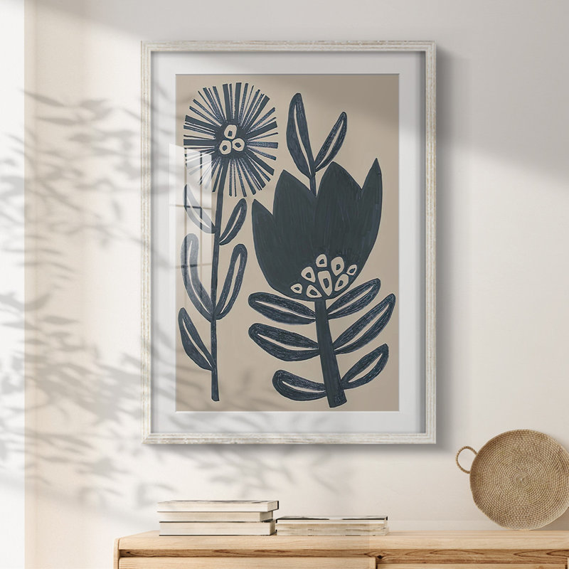 «Blockprint Folk Flowers I», impression encadrée, H 28,5 po x l 20,5 po, Blanc