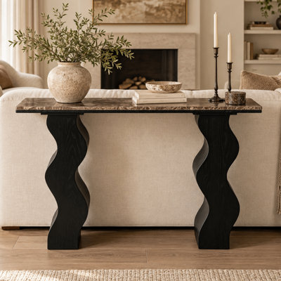 Mid Century Modern Curved Wood Leg Marble Surface Console Table for Foyer Hallway Living Room and Sofa Area