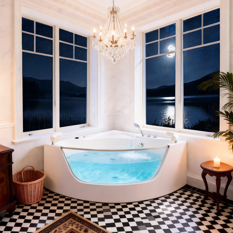59 Inch 16 Jet Hydro Massage Bathtub For Two People, Acrylic Corner Design With Heater, Rainbow And Relaxing Retreat Two, System Lighting, Ul Home Use
