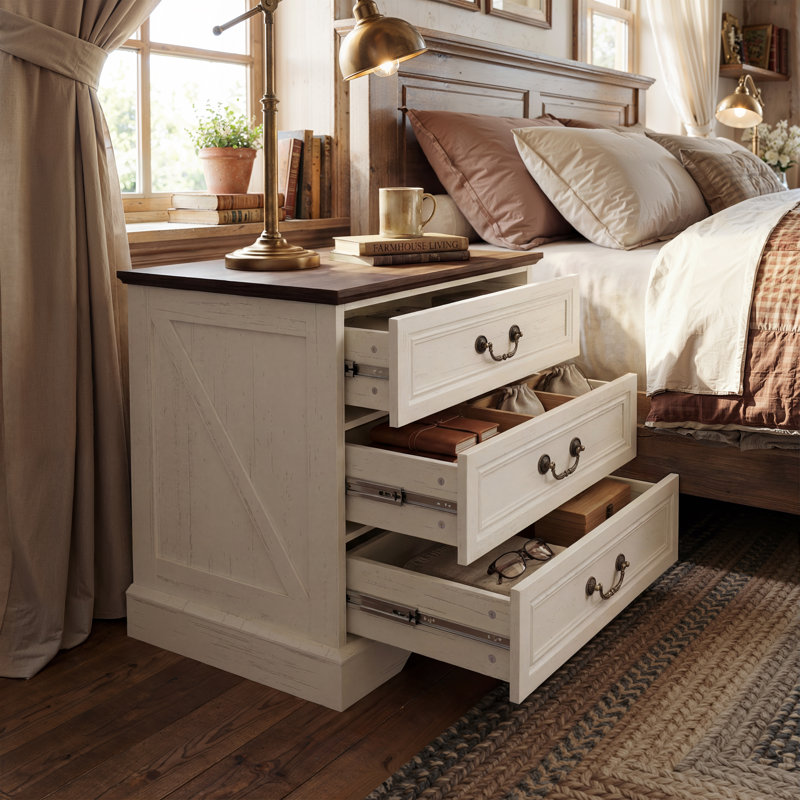 Auserine 3-Drawer Nightstand With Built-In Outlet, Beige
