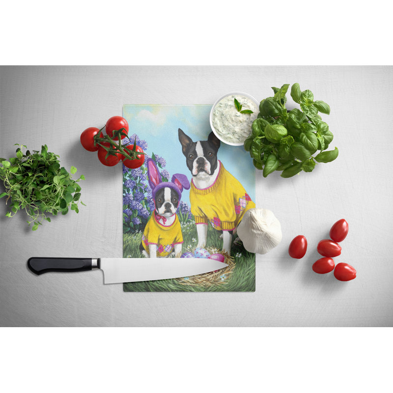 Planche à découper en verre Caroline's Treasures, Boston Terrier lapin de Pâques