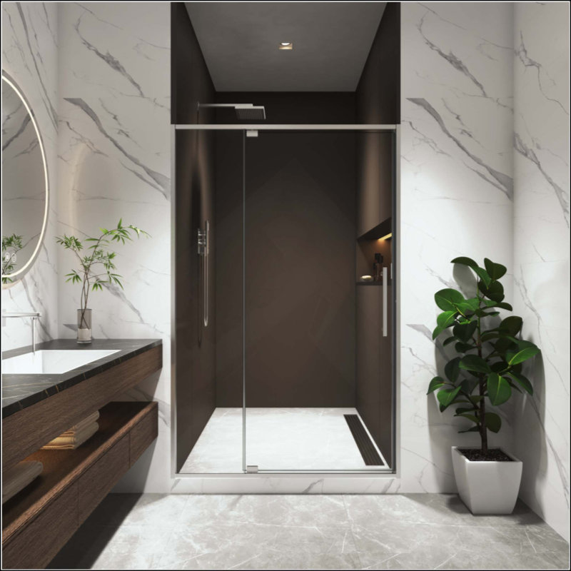 Porte de douche pivotante, ouverte à l'extérieur, arrêt à 105 degrés, avec verre trempé, Nickel brossé