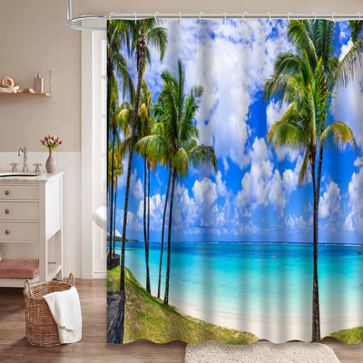 Tropical Beach Scenery Palms Turquoise Sea Island Blue Coast Waterproof Shower Curtain with 12 Hooks