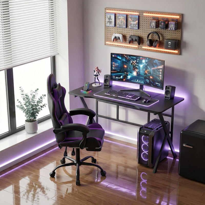Gaming Desk & Chair Combo Set, Carbon Fiber Computer Table with Adjustable Ergonomic Chair for Home Office, Purple/Black