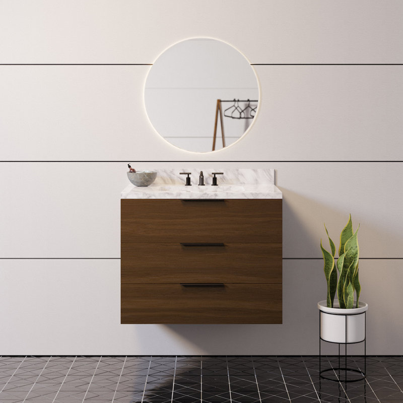 Mitchell 30'' Single Bathroom Vanity with Top, Walnut, Carrara Marble