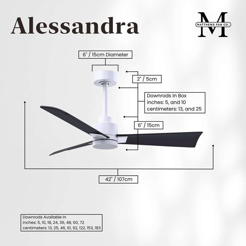 Alessandra Outdoor Downrod Ceiling Fan, Matte Black, Matte White