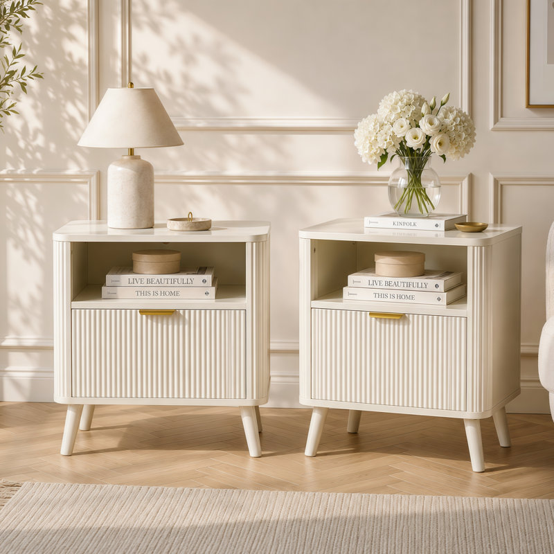 Set of 2 Fluted Bedside Tables, White