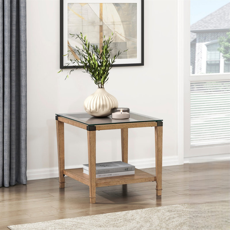 Table basse moderne et élégante avec finition brune et plateau de table en verre trempé transparent, 24" H x 24" W x 28" D