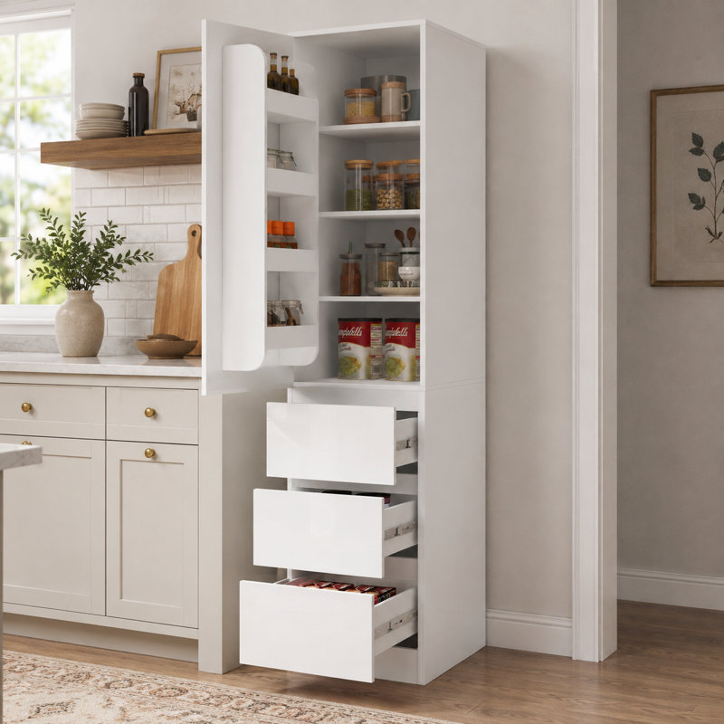 Armoire de rangement haute pour garde-manger, organisateur de cuisine en panneaux de particules blancs avec 3 tiroirs