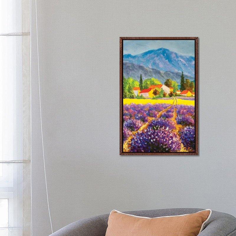 Italian Summer Countryside. Lavender Purple Field. French Tuscany 1 Piece Painting on Canvas, Classic Brown Wood Framed