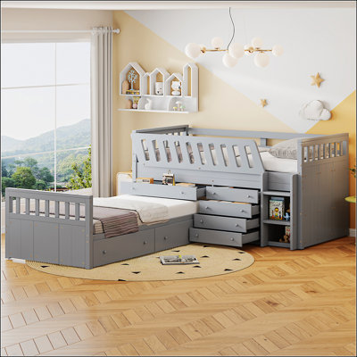 L-Shaped Space-Saving Twin Loft And Twin Platform Bed With 7 Drawers And Full Guardrails