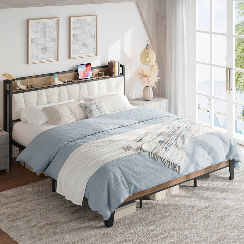 Platform Dangelo With Boucle Headboard, Storage Shelf And Built In Charging, Sturdy And Quiet, California King