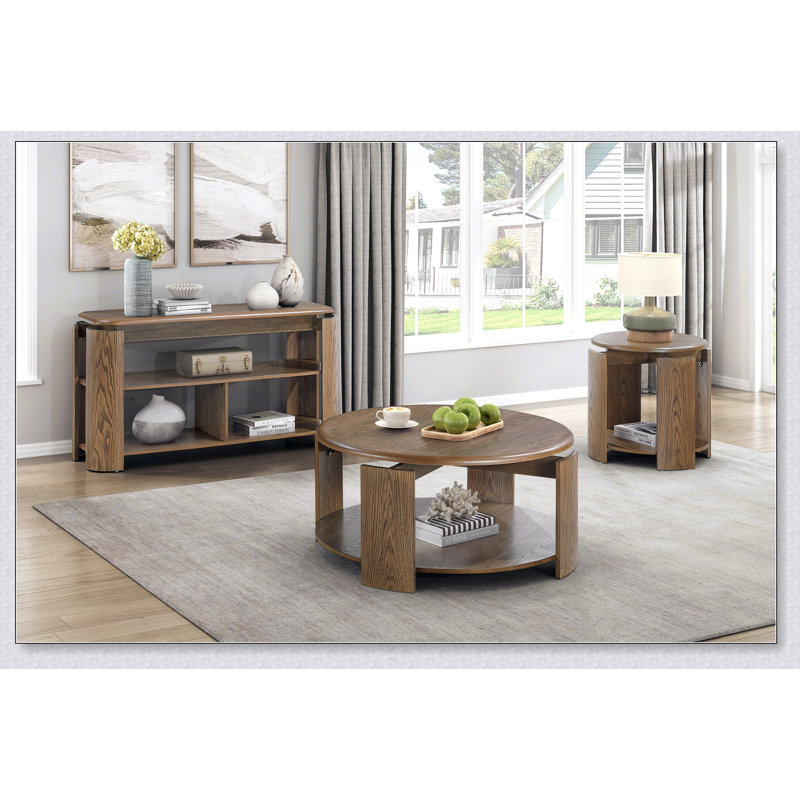 Console de canapé brun avec tablettes ouvertes et rangement